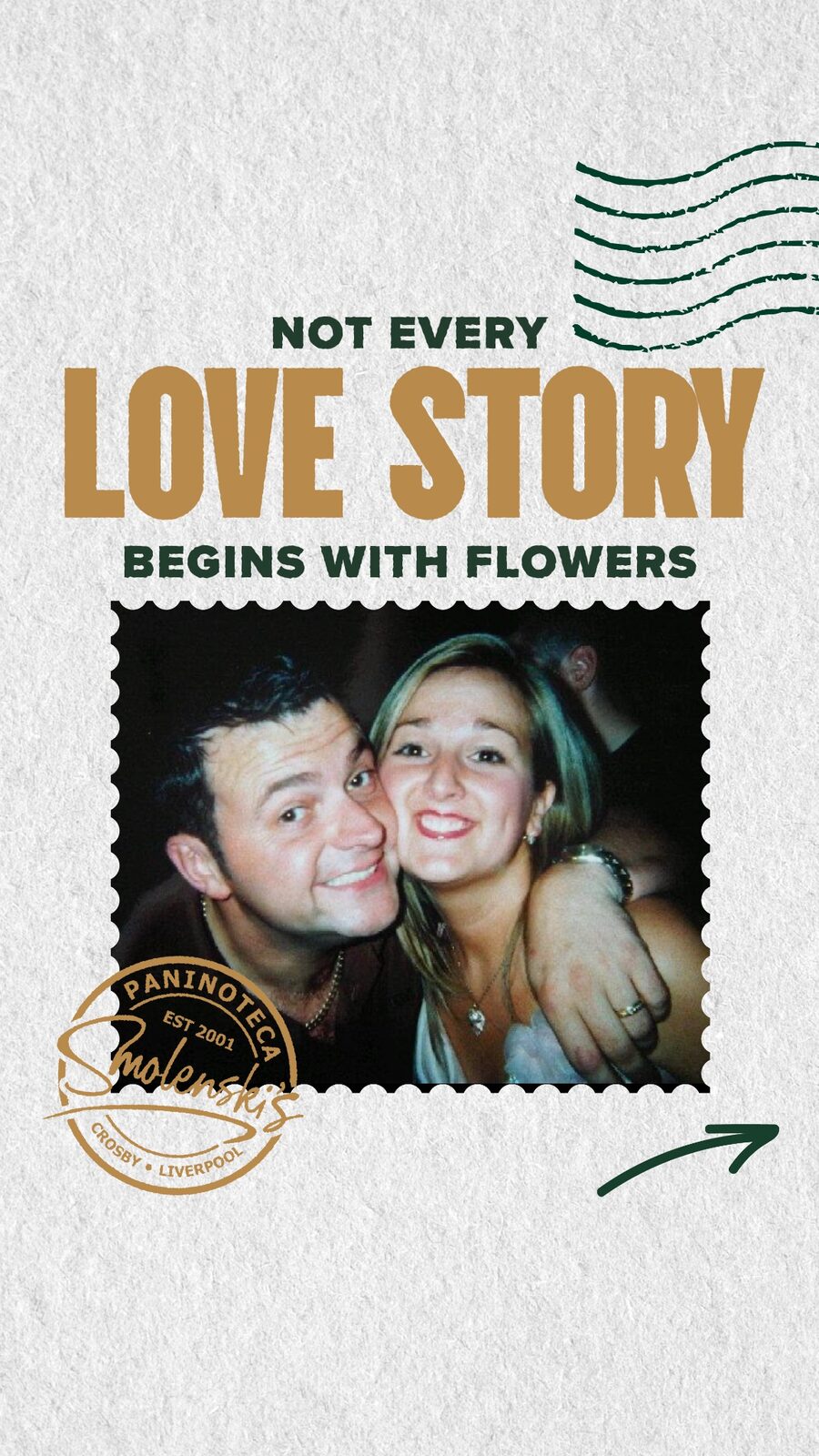 Marcus and Kellie together, with the words not every love story begins with flowers.